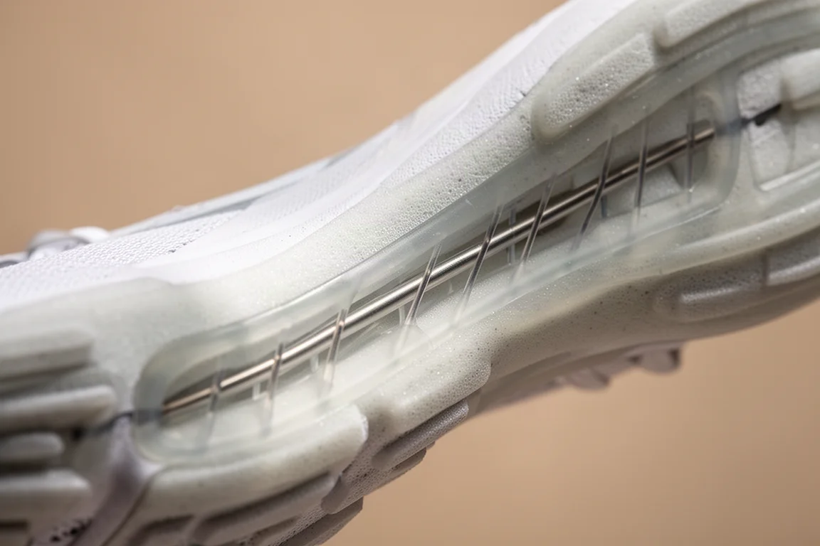 Primo piano della intersuola di una scarpa da running con aste interne visibili attraverso il materiale traslucido