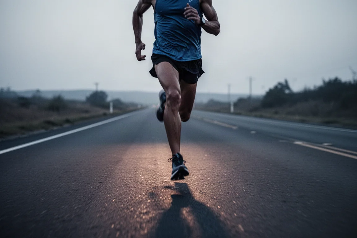 Runner che completa un intervallo di tempo su una strada silenziosa al tramonto