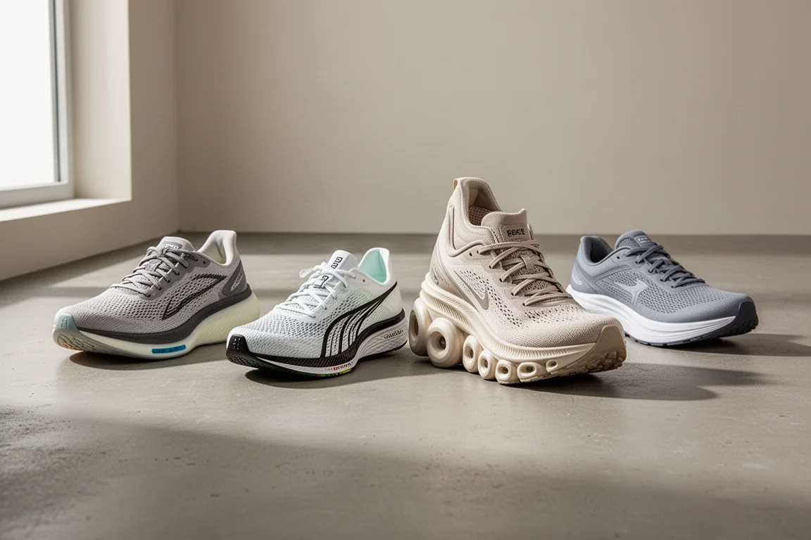 Five running shoes of different cushioning styles arranged on a concrete surface