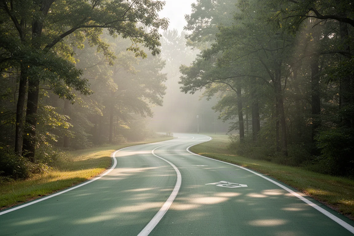 Paved greenway trail winding through trees in soft morning light