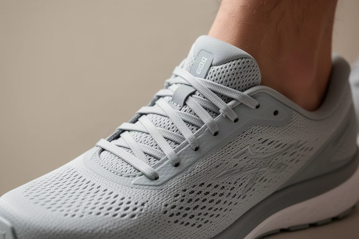 Close-up of running shoe laces locked down over a mesh upper