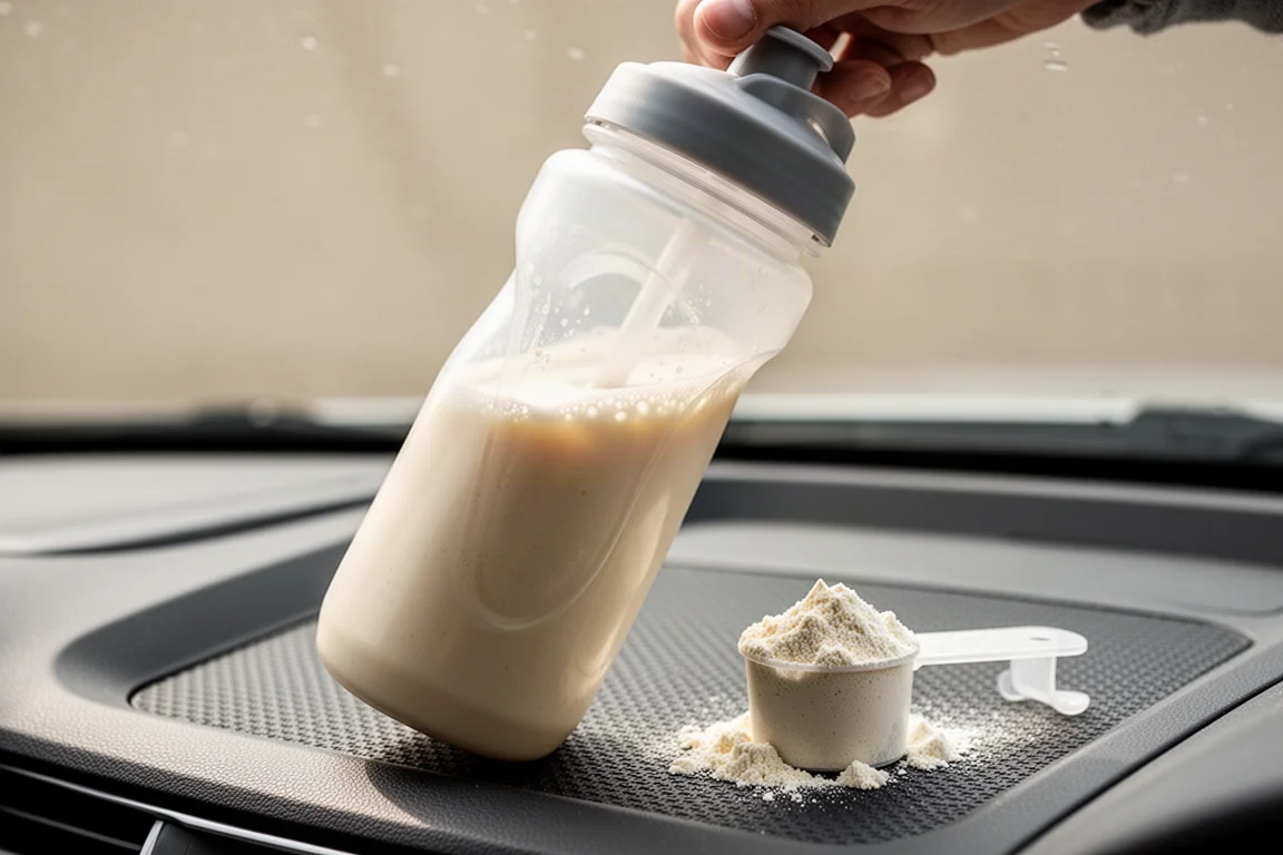 Recovery drink being mixed in a bottle on a car dashboard tray