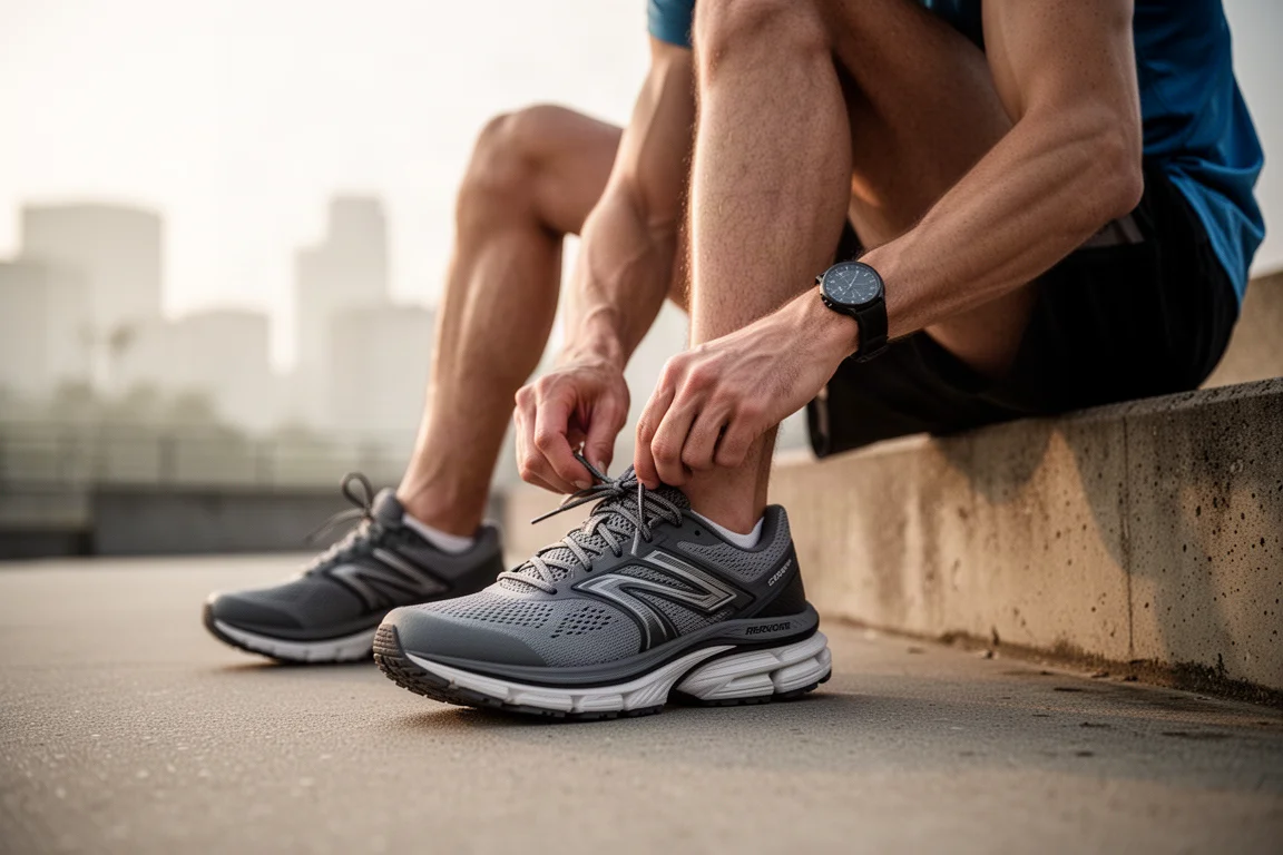 Läuferfüße in der Schwungphase auf nassem winterlichem Asphalt beim frühen Morgenlauf