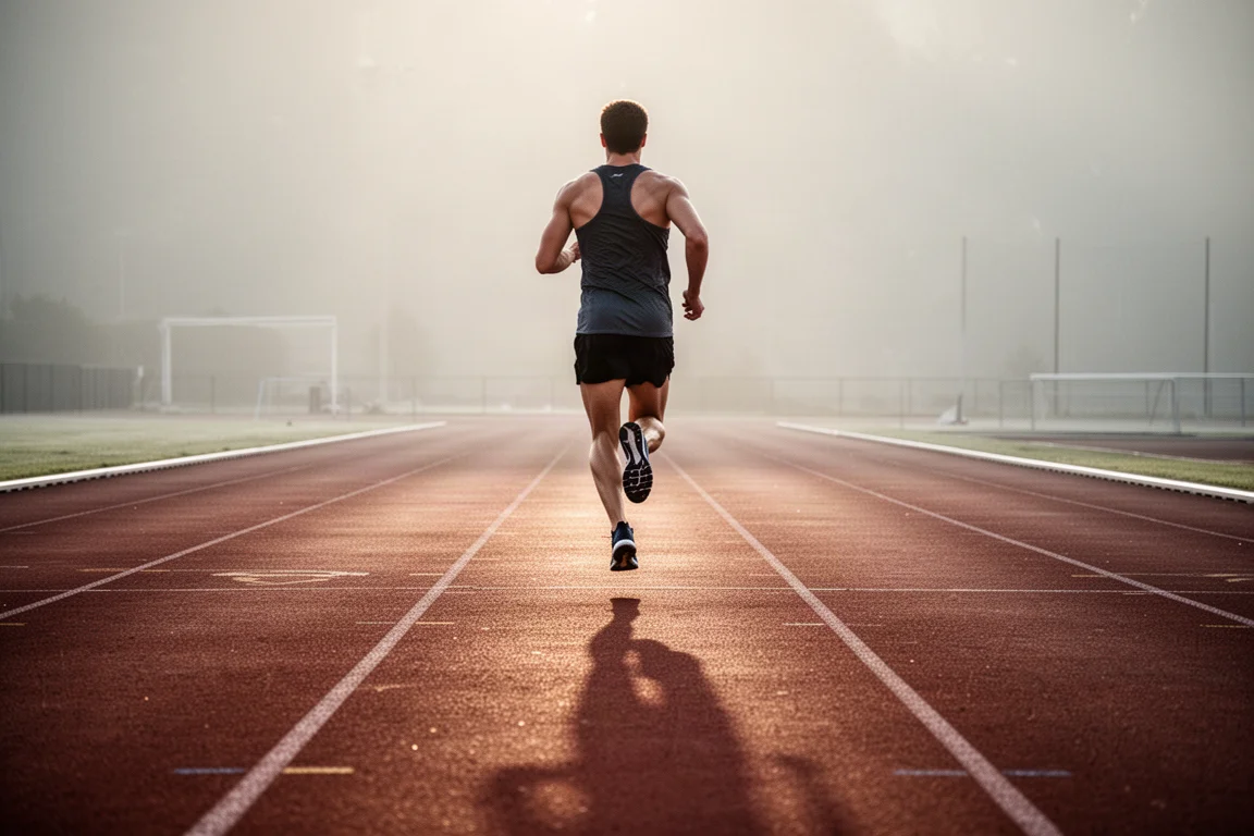 Corredor realizando series cortas y rápidas en una pista de atletismo