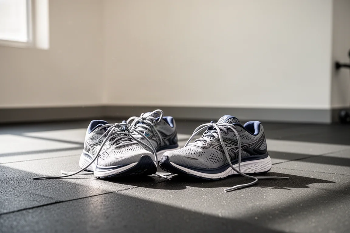 Two running trainers side by side on a gym floor after a training session