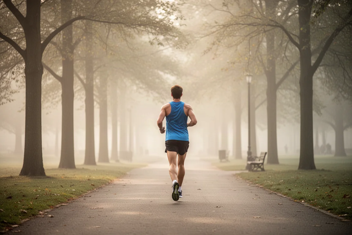 Runner settling into a relaxed easy pace on a quiet park path