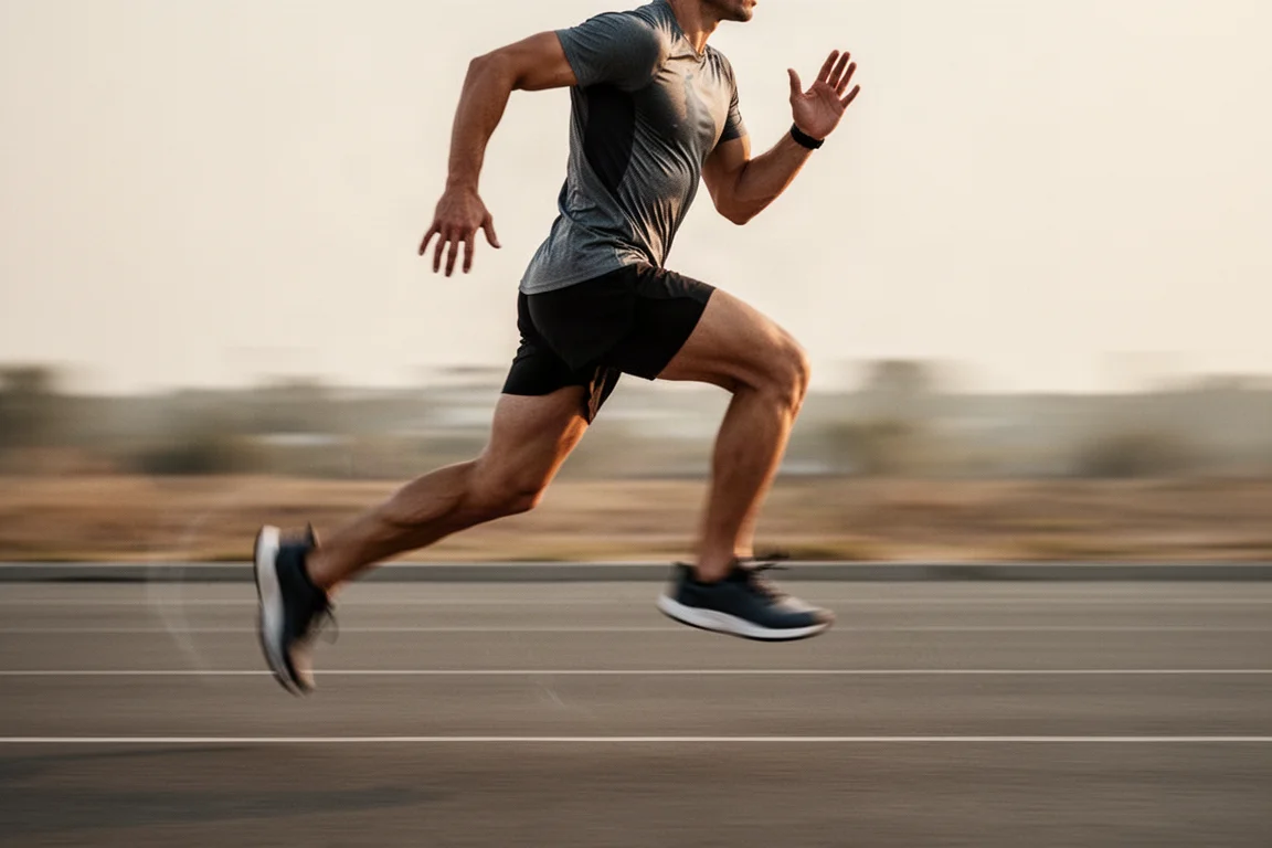 Runner accelerating during a tempo interval on open tarmac