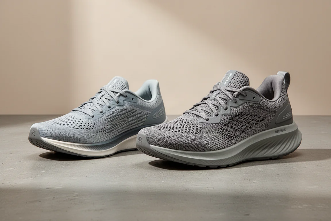 Adidas Boston 12 and Hoka Mach 6 running shoes side by side on concrete