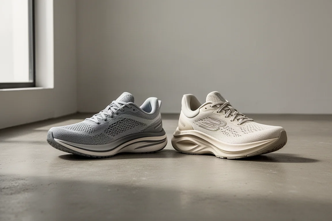 Twee super trainer hardloopschoenen naast elkaar op een betonnen vloer