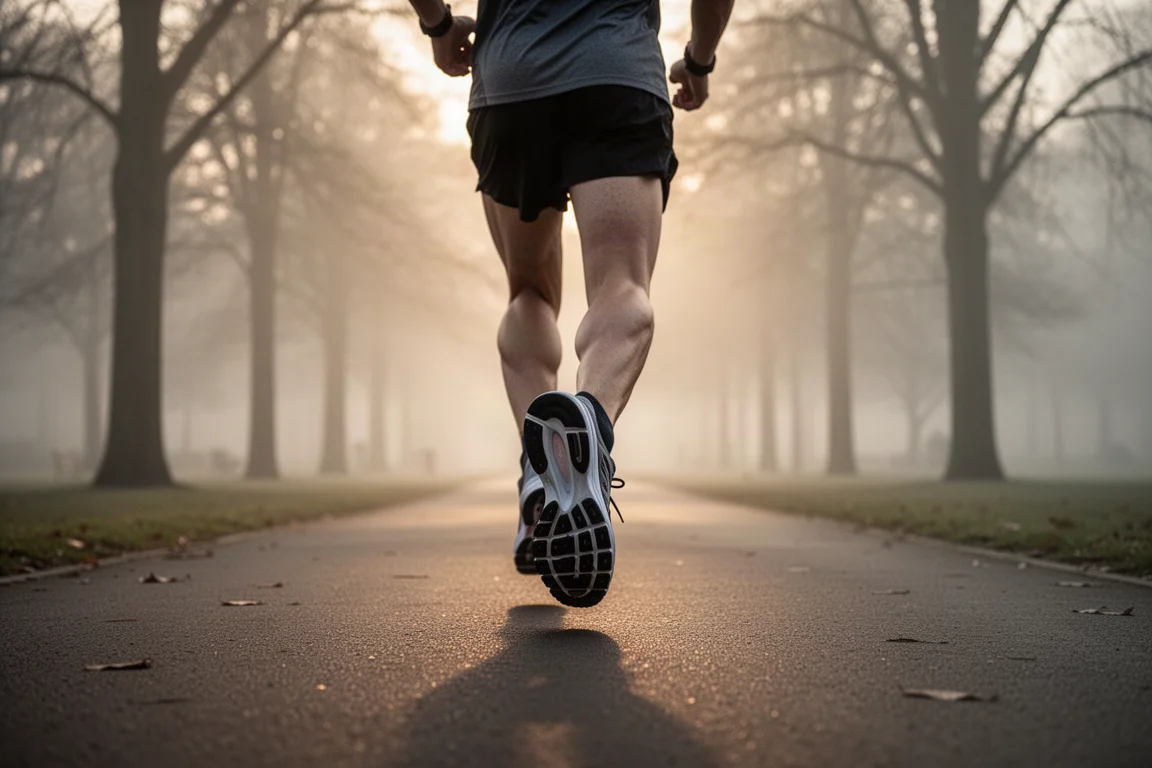 Hardlooper die rustig een lange duurloop aflegt op een stille parkweg bij zonsopgang