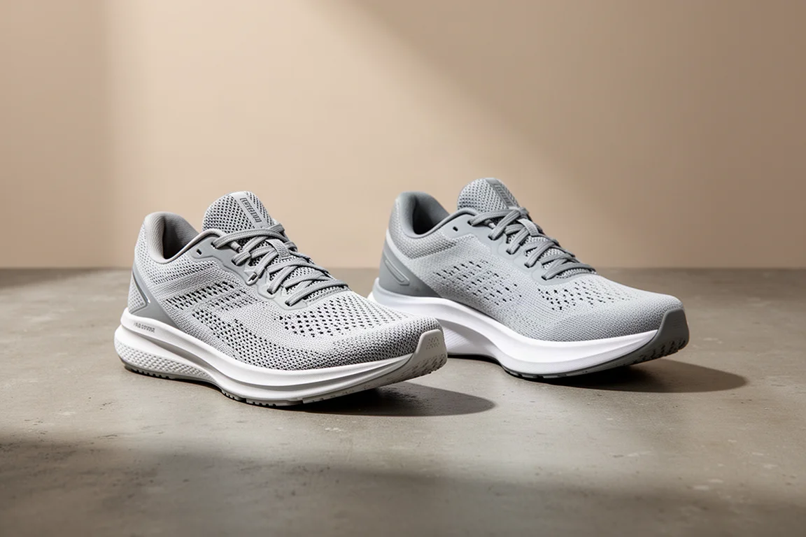 Two running shoes side by side on a matte concrete surface