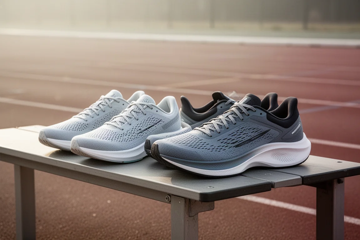 Un coureur lace deux paires de chaussures de running performantes sur un banc au bord de la piste