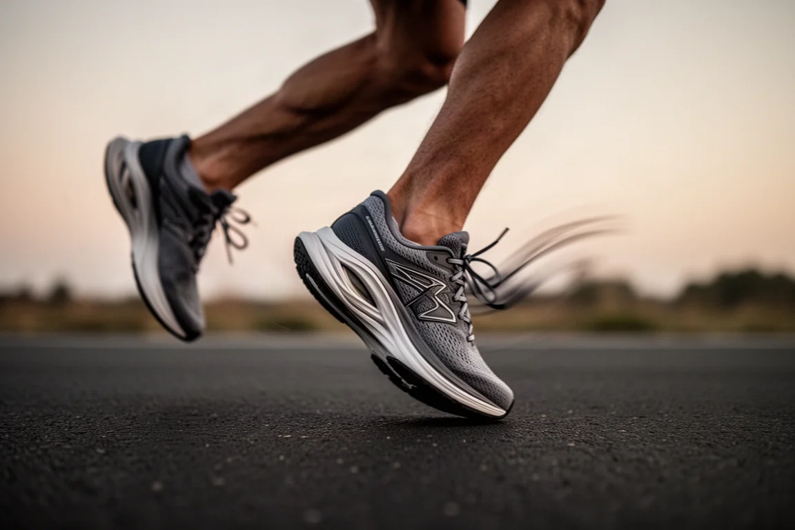 Pieds d'un coureur en pleine foulée sur une route bitumée au crépuscule