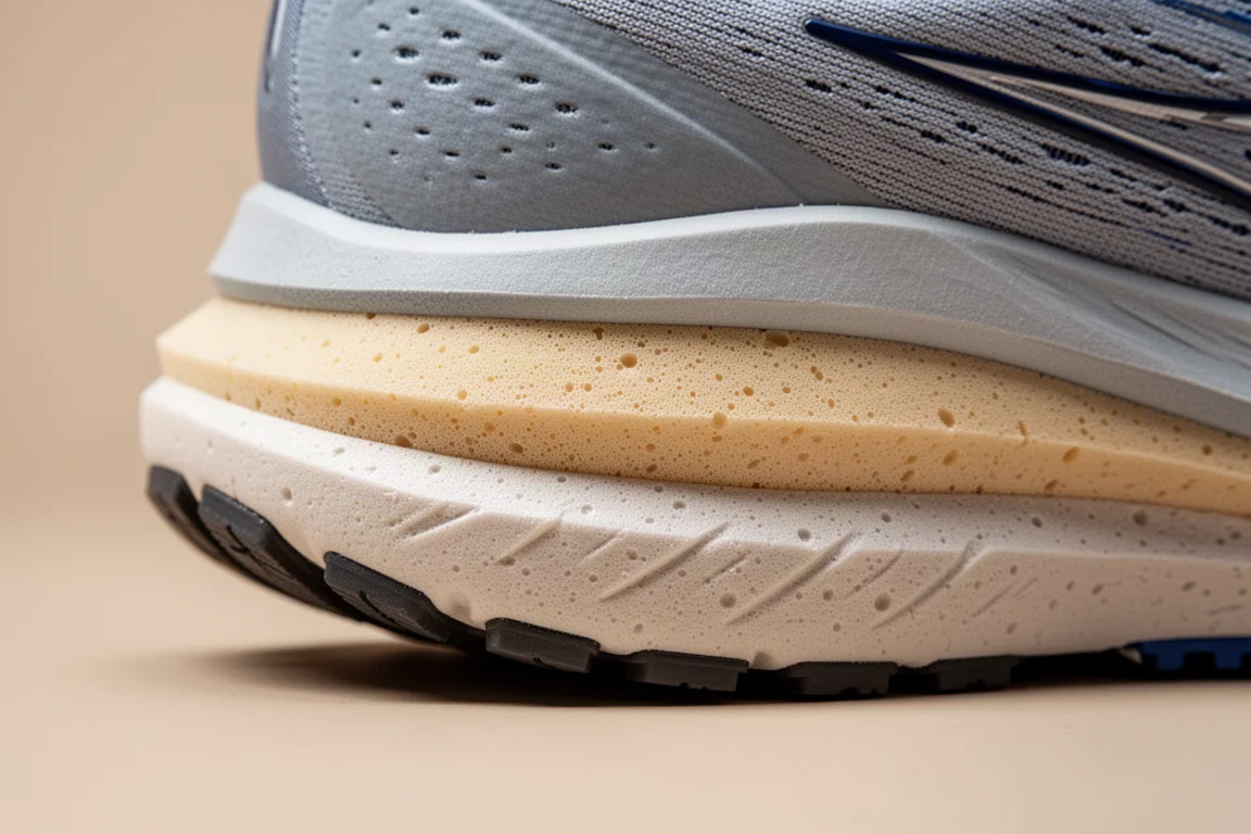 Close-up van de tussenzool van een hardloopschoen met dubbele dichtheid, met twee foam-lagen zichtbaar