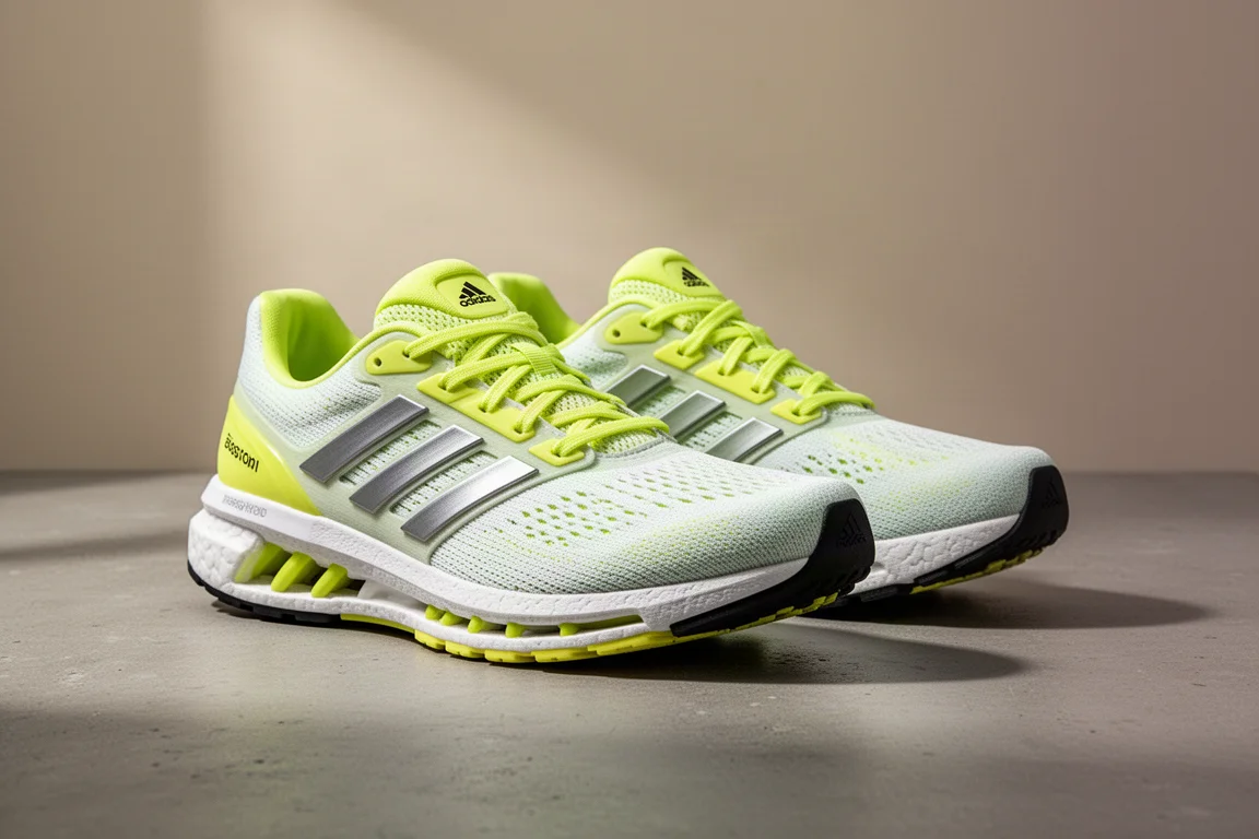 Pair of Adidas Boston 13 running shoes at a three-quarter angle on concrete