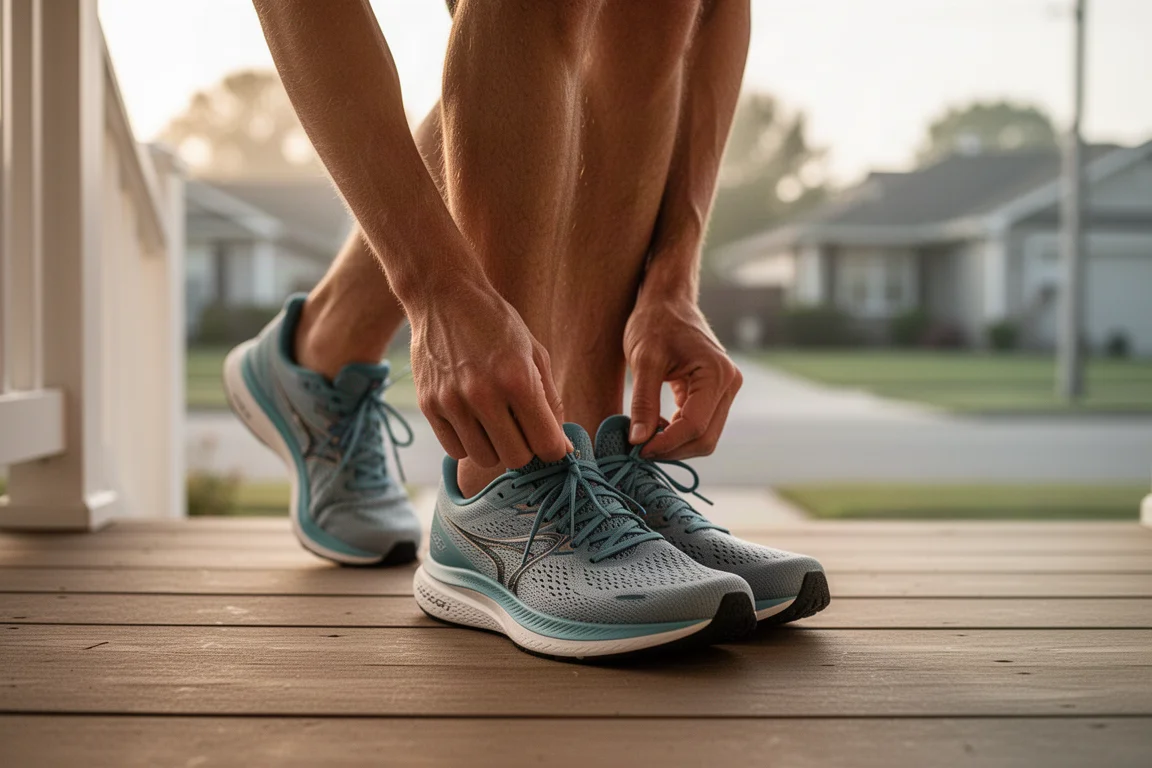 Runner lacing up low-profile running shoes on a porch in early morning light