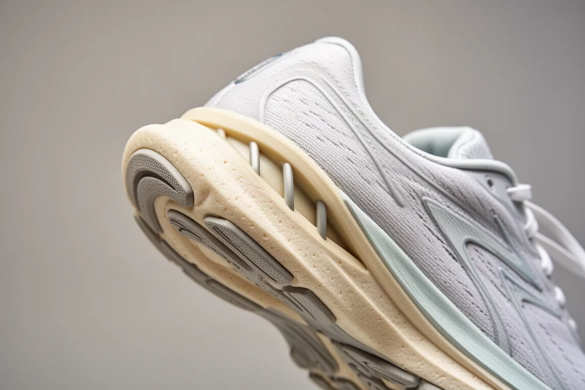 Close-up of a running shoe midsole showing a dual-layer foam construction