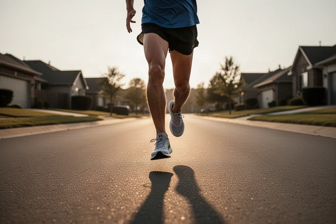 Runner completing strides on an empty suburban road at golden hour
