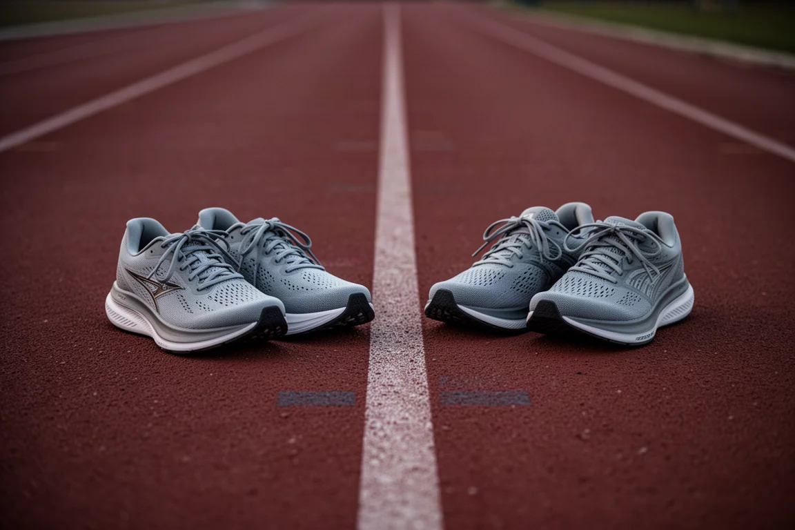 Two running shoes side by side on a track lane divider at dusk
