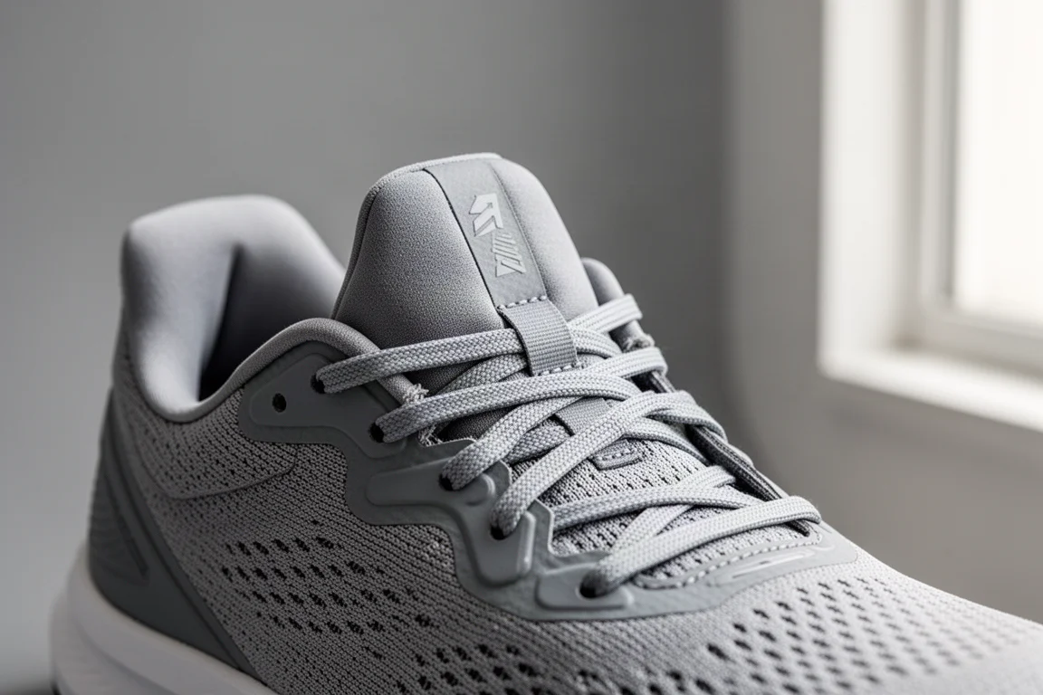 Close-up van een gevoerde schoentong en veters van een hardloopschoen