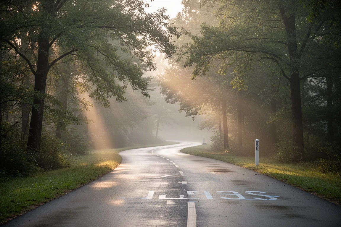 Leeg hardlooppad door bomen bij dageraad met zacht licht op nat asfalt