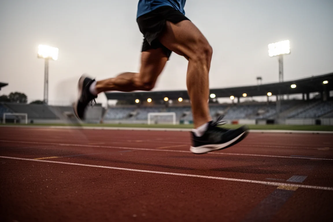 Voeten van een hardloper middenin een pas op een baan tijdens een intervalworkout in de schemering