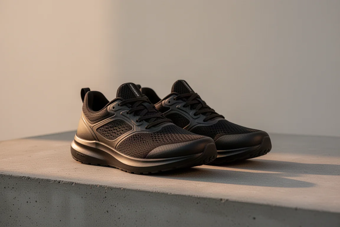 Pair of low-profile running shoes on a concrete surface at dawn
