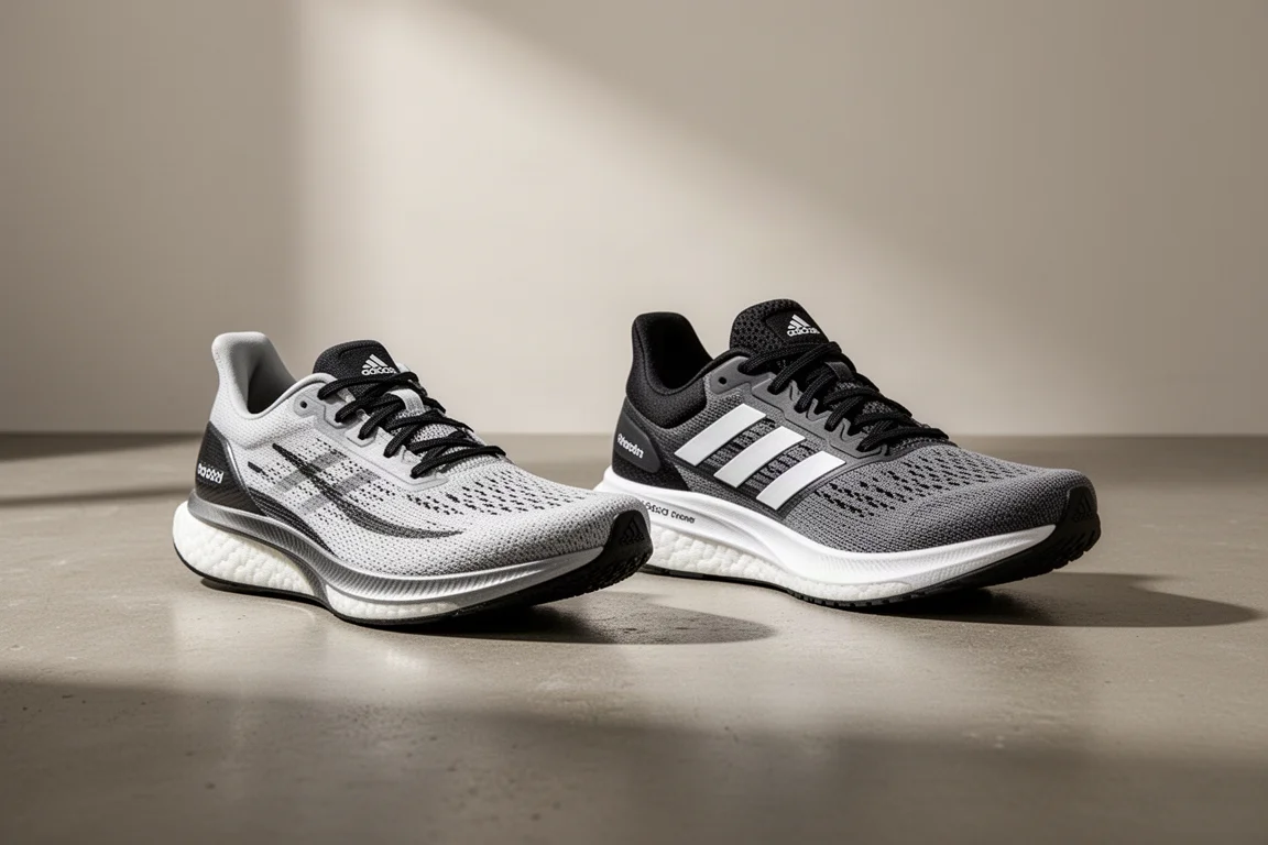 Two Adidas running shoes side by side on a concrete studio surface