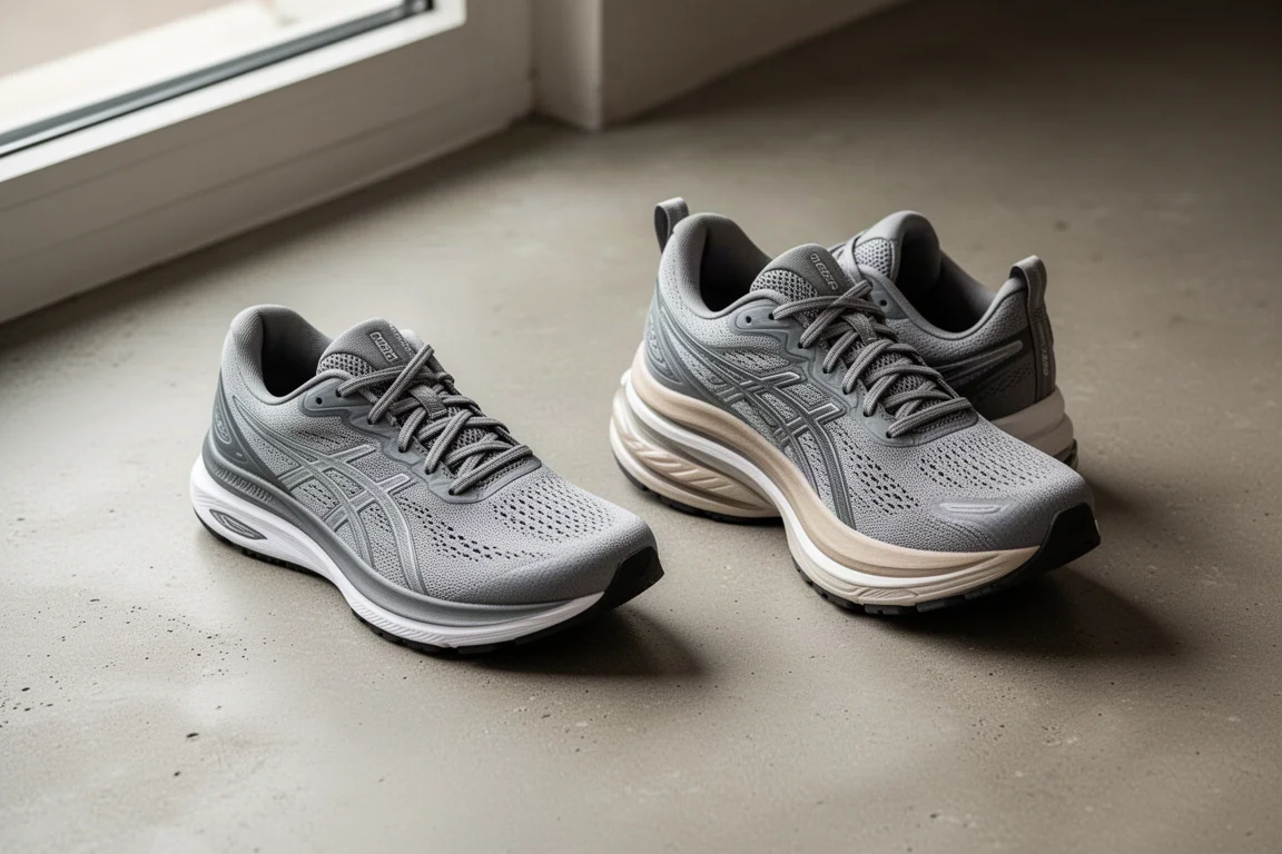 Two daily trainer running shoes side by side on a concrete floor