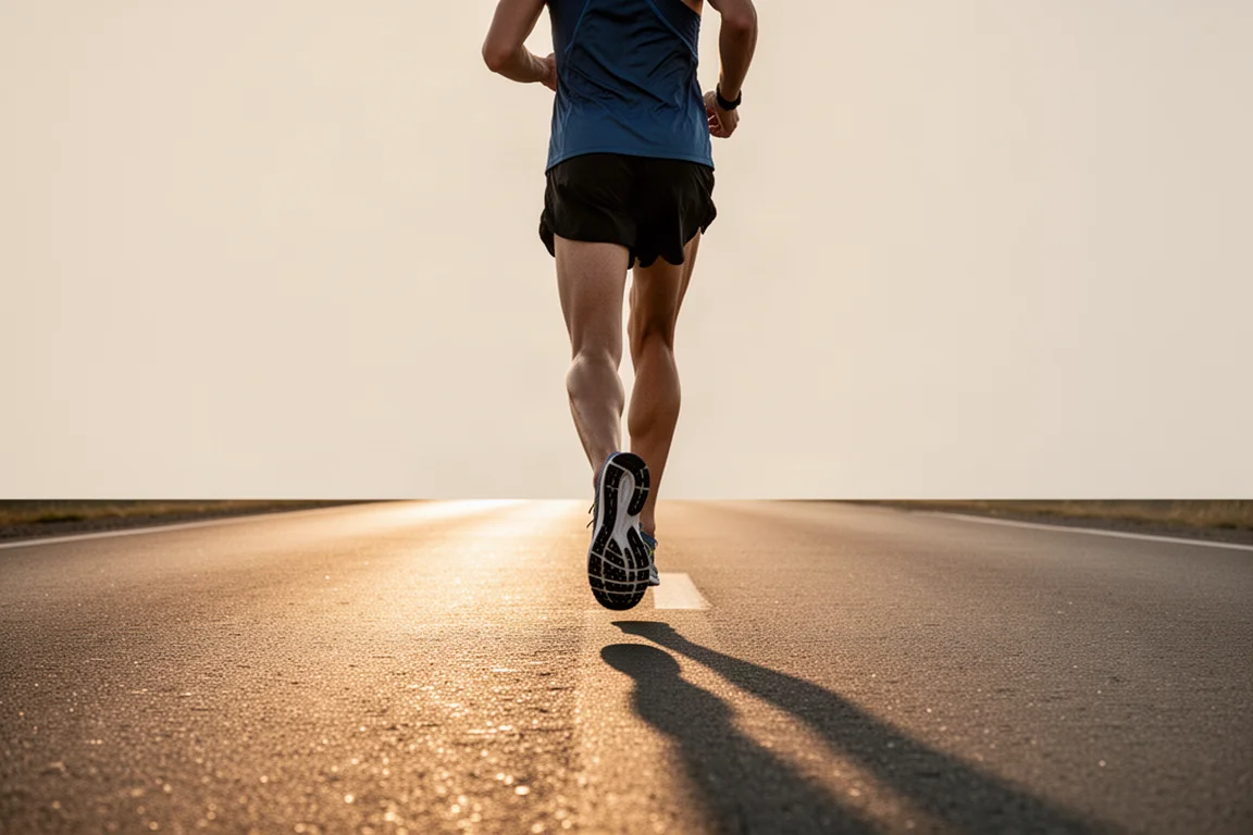 Runner settling into a steady rhythm on an open road during a long run
