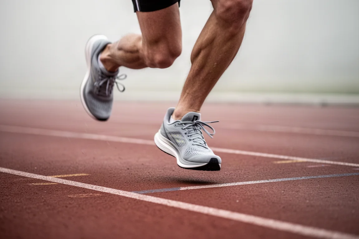 Close-up of a runner's feet landing quickly on track during an interval session