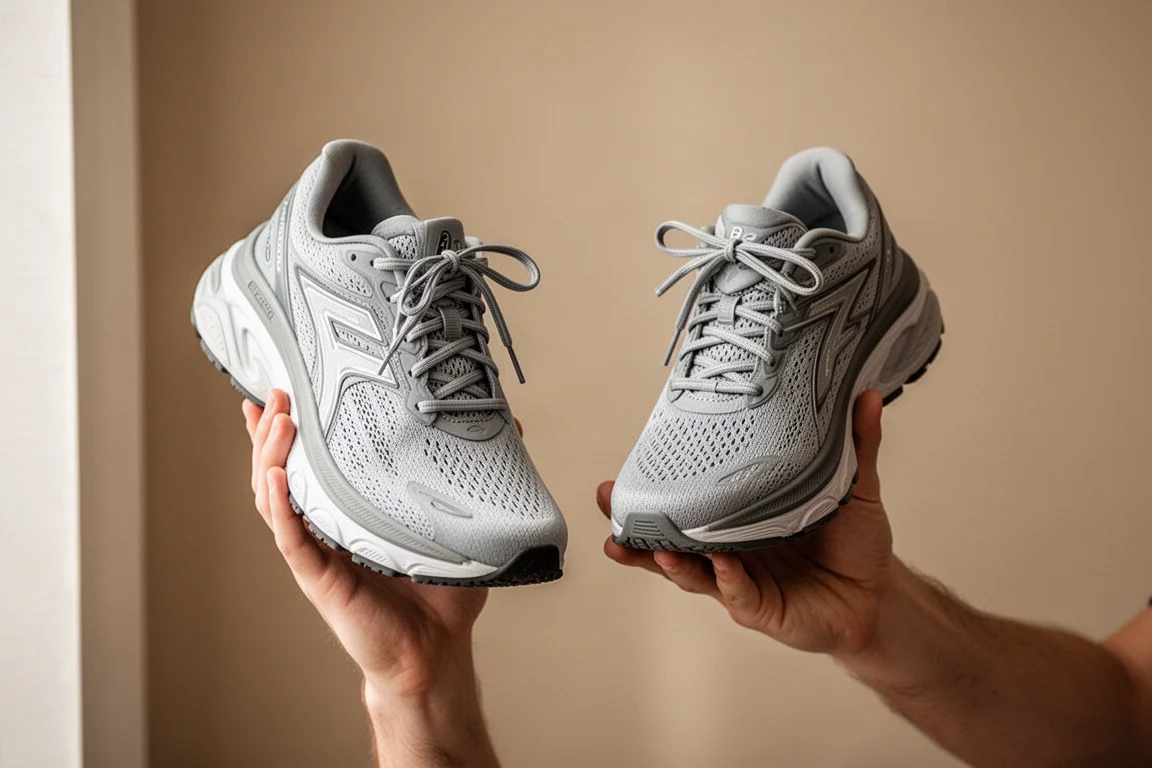 Runner choosing between two pairs of trainers in a calm indoor setting