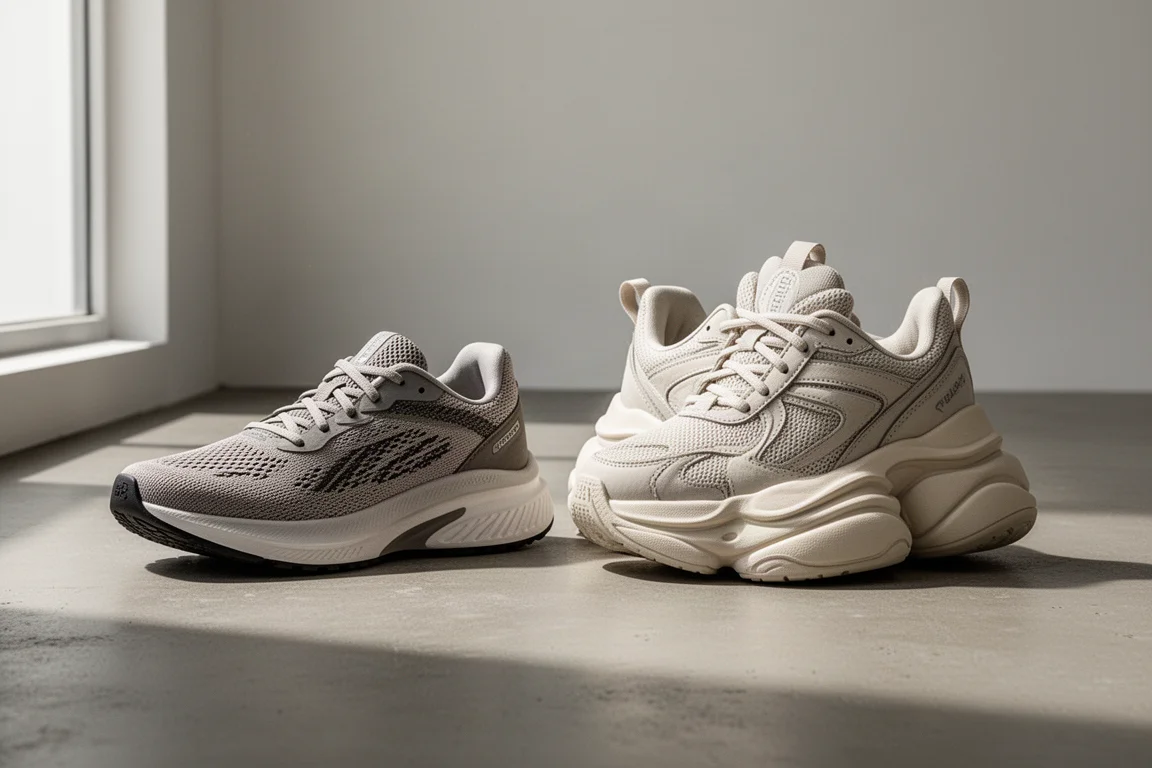 A sleek low-profile running shoe and a tall max-cushion trainer side by side on concrete