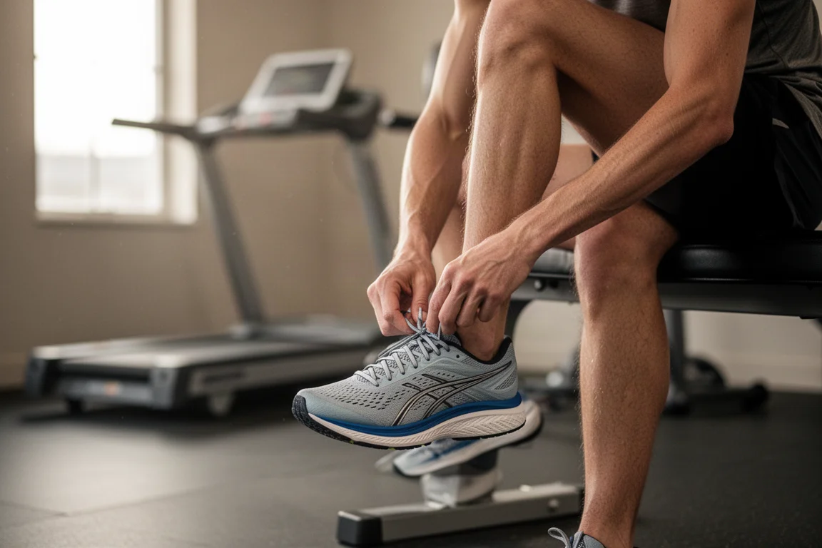 Runner lacing up a pair of road running shoes before a speed session