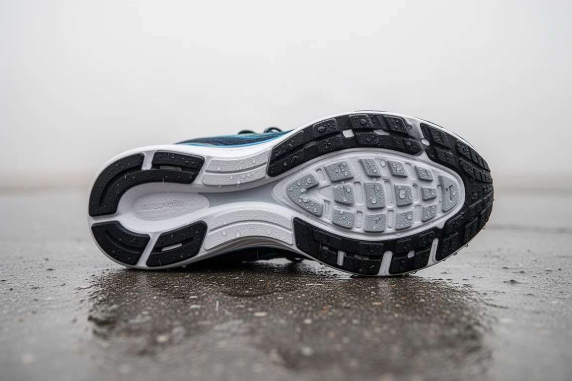 Close-up of the sole of a running shoe showing traction rubber on damp pavement