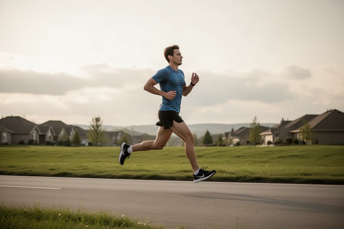 Runner cruising at a relaxed daily pace on an open road in soft daylight