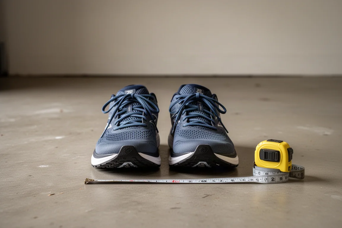 Running shoes side by side on a garage floor next to a measuring tape