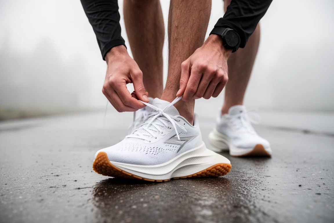 Hardloper bindt lichte snelheidstrainschoenen vast voor een tempotraining door de stad