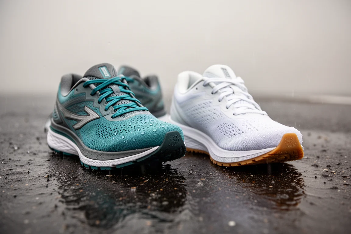 Running shoes side by side on wet tarmac after a workout