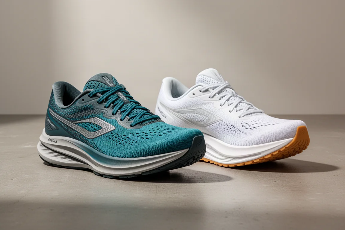 Adidas Boston 13 and Saucony Endorphin Speed 5 running shoes side by side on concrete