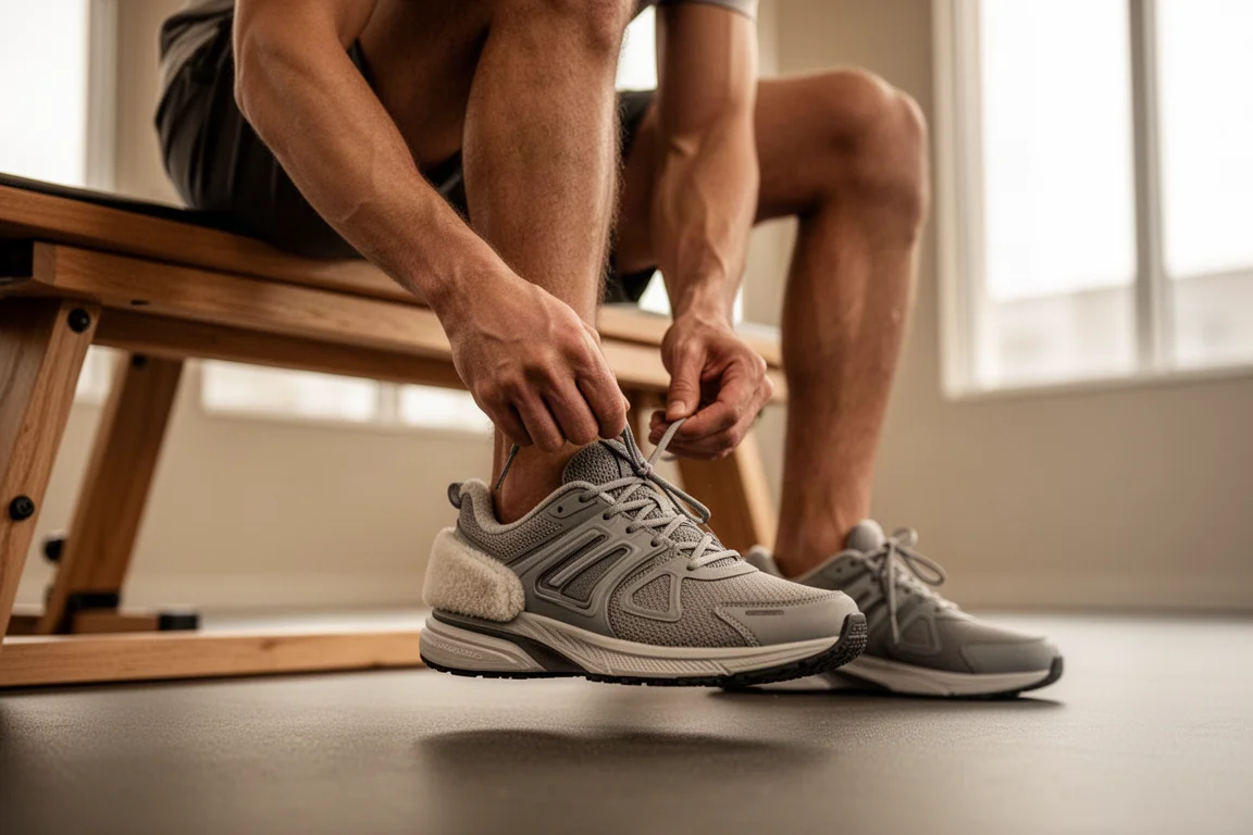 Gym­besökare som knyter snörningen på en strukturerad tränings­sko