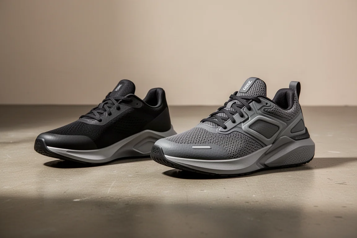 Dwa hybrydowe buty treningowe Adidas obok siebie na betonowej podłodze siłowni