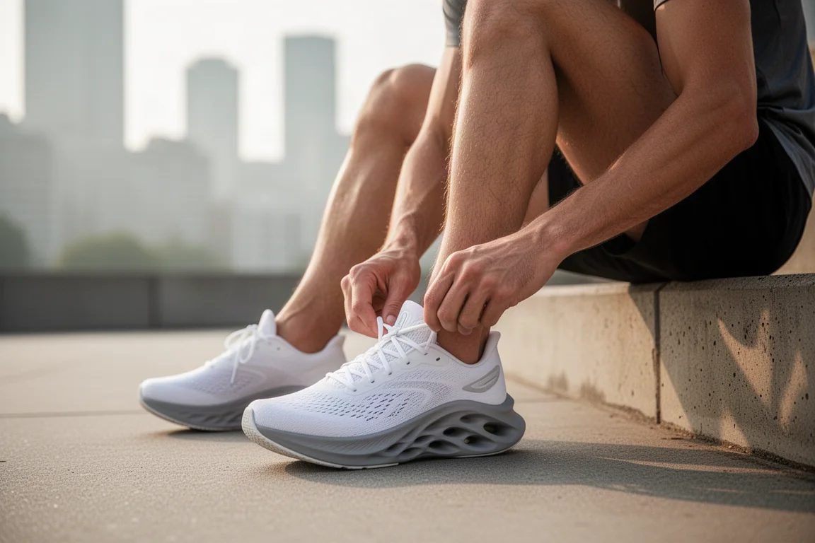 Runner lacing up a white running shoe on a city sidewalk before an easy run