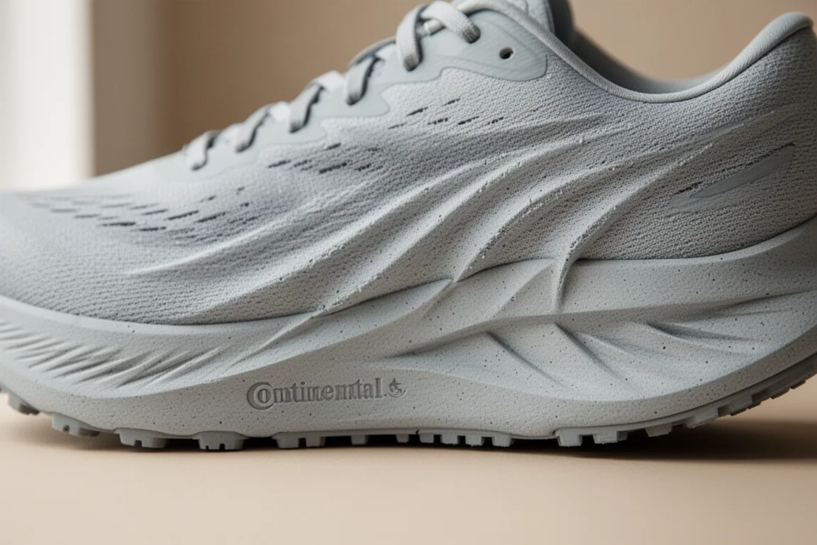 Close-up of a running shoe midsole showing light creasing in the foam