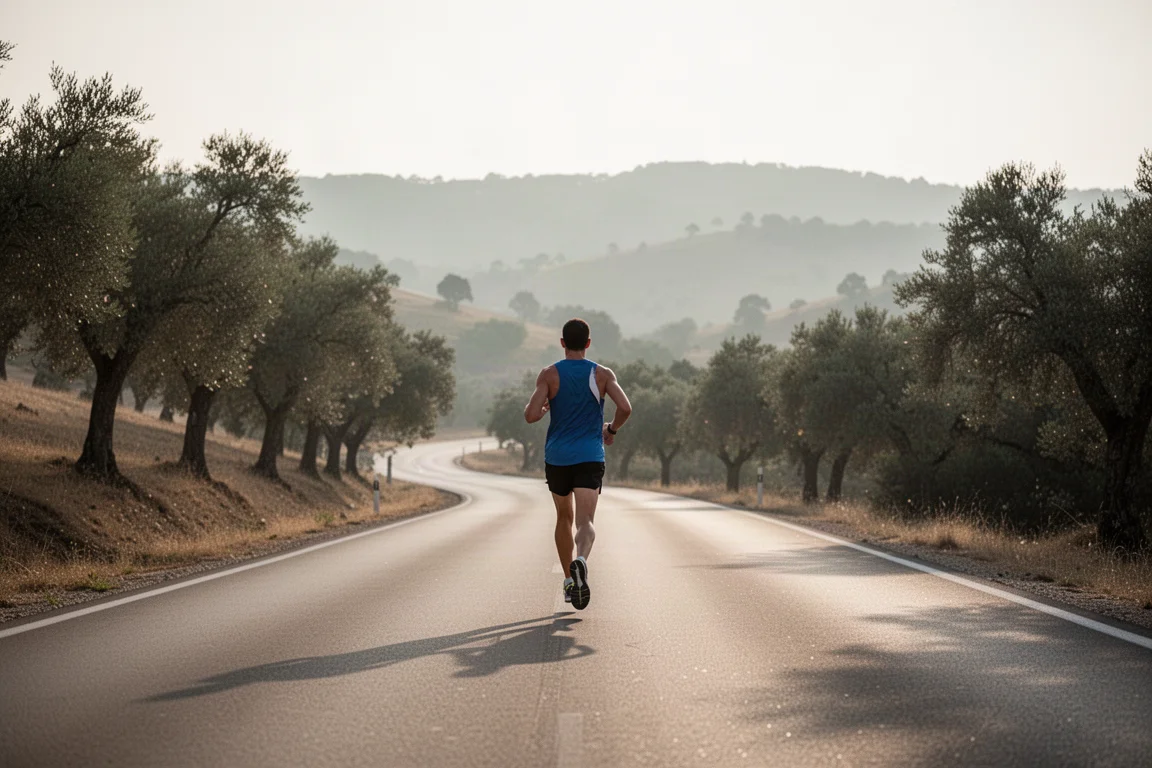 Runner cruising along a tree-lined road on a rolling hilly route