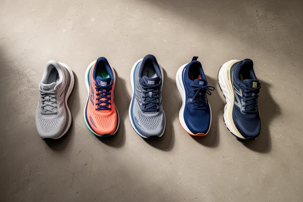 Flat-lay of several running shoes arranged on a concrete floor