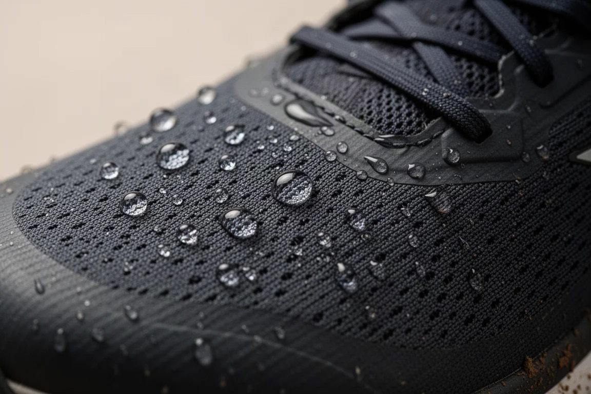 Close-up de gotas de água escorrendo sobre tecido ripstop resistente à água do tênis