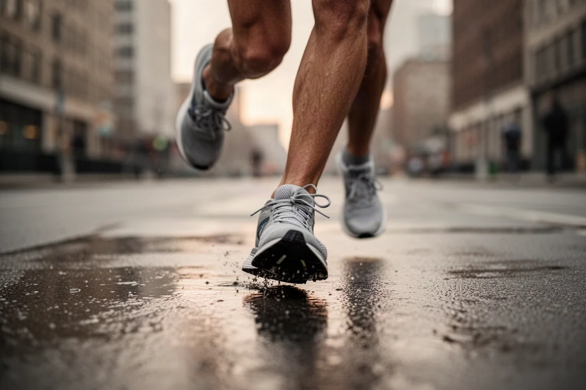 Pieds d'un coureur en pleine foulée sur un trottoir urbain mouillé dans une douce lumière matinale