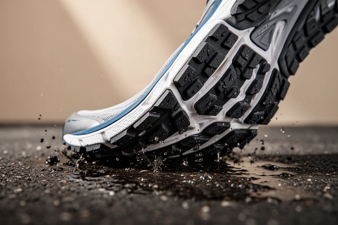Gros plan sur la semelle extérieure crantée d'une chaussure de running accrochant un bitume mouillé