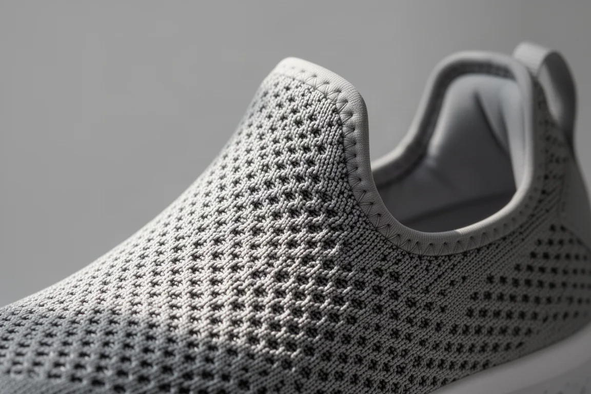 Détail d'une tige en mesh tissé montrant sa texture et sa langue à soufflet